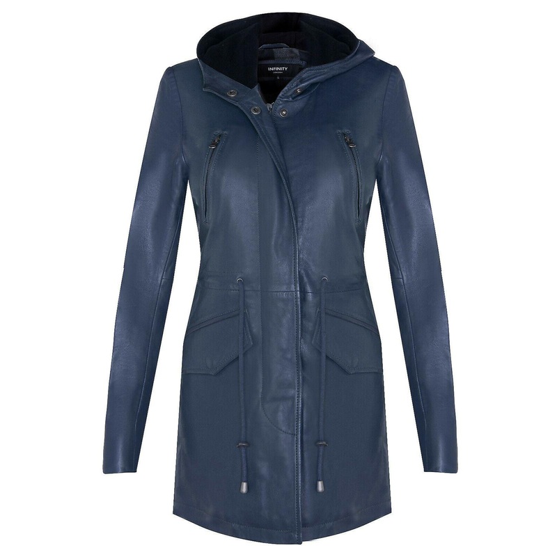 Women’s Navy Blue Leather Parka Jacket Hooded Multi-Pocket Trench Coat