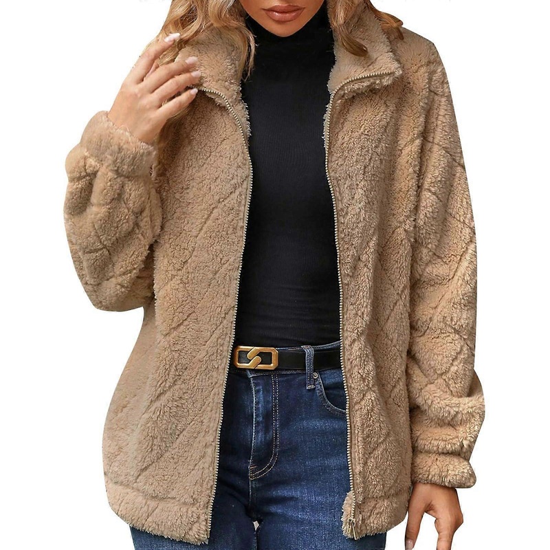 Women’s Fleece Jacket L, Lightweight Hooded Winter Coat, Plush Transitional Trench Jacket in Khaki with Horn Buttons