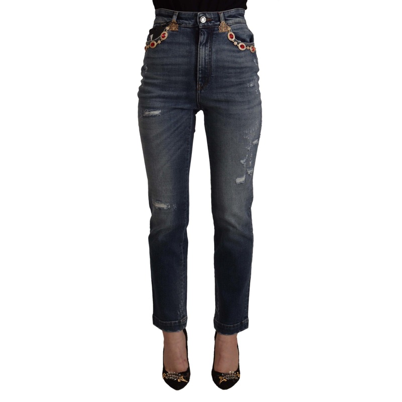Dolce & Gabbana Blue Denim Crystal Embellished Pants Jeans