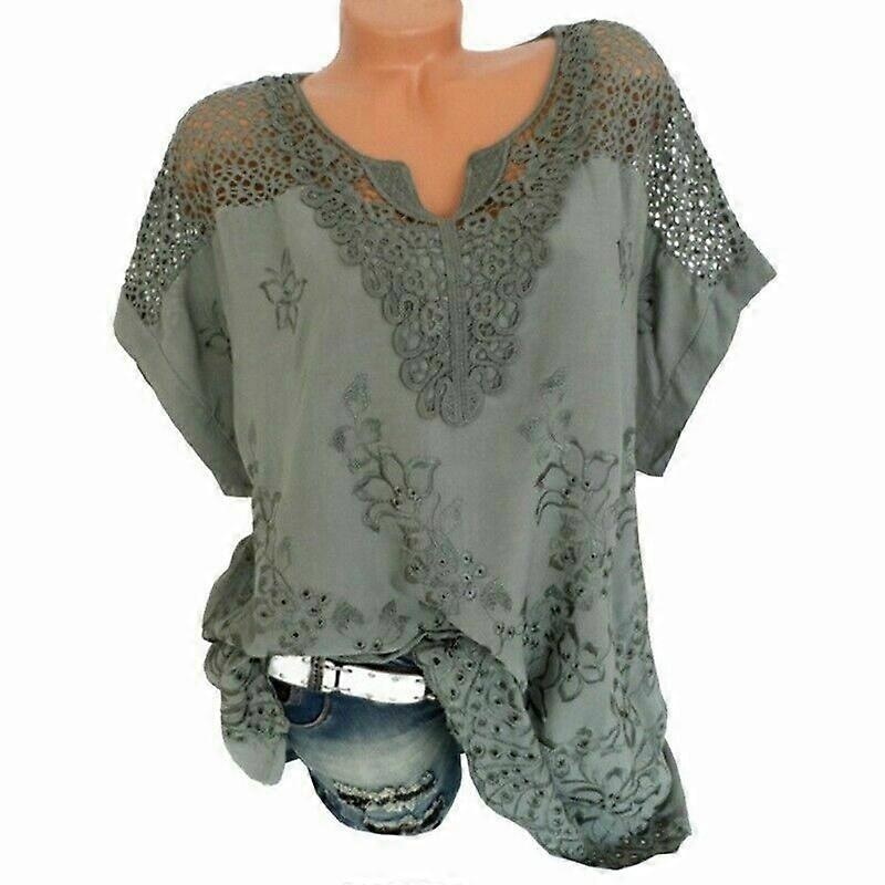 Womens Ladies Pullover Lace Hollow Tops Blouse Baggy Short Sleeve Casual T Shirt