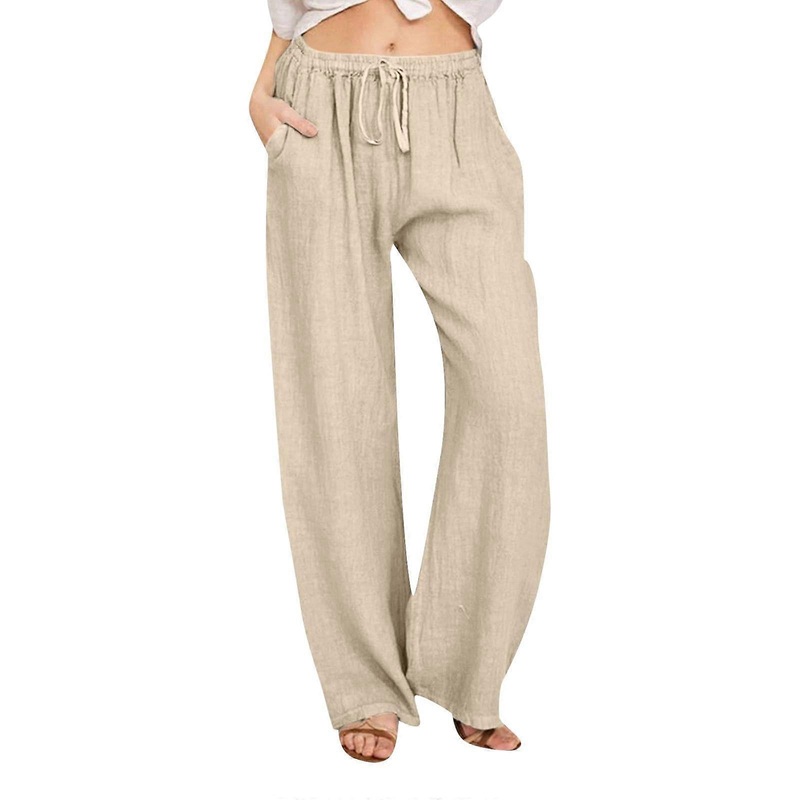 Trousers Women’s Cotton Linen Summer 7/8 Casual Lightweight Fabric Capri Beige Size M