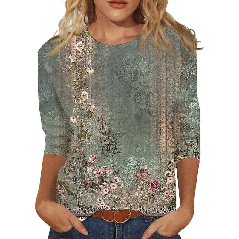 Women’s Compression Long Sleeve Floral Print Plus Size Casual Top Green XXL Three-Quarter Sleeve Comfortable Design