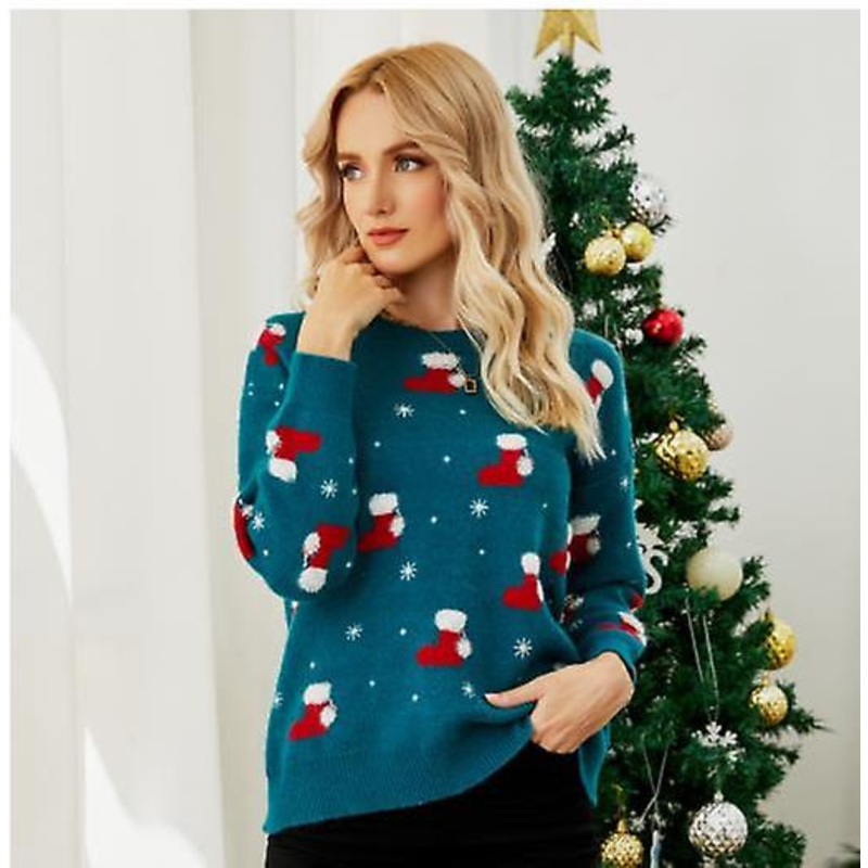 Women’s Pullover Top 2023 Autumn And Winter New Arrival Christmas Hat Christmas Socks Jacquard Knitted Sweater Women’s Casual Round Neck Loose Long-sl