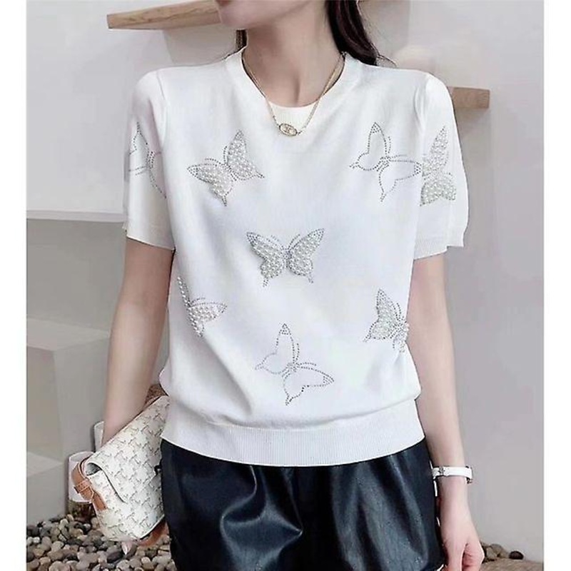 2023 Summer New Arrival Knitting Pullovers Round Neck Solid Color Butterfly Pearl Short Sleeve Tops Women Fashion Casual Elegant T-shirt