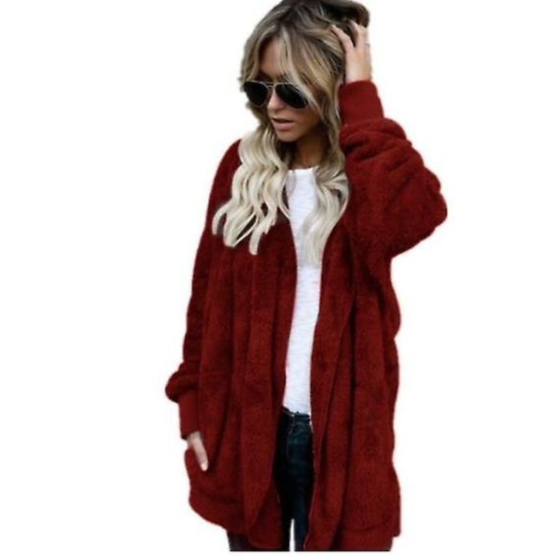 Women’s Autumn And Winter Warm Hooded Tops New Design Fashion Mid-length Warm Plush Coat, Ladies Outdoor Solid Color Coat Reversible