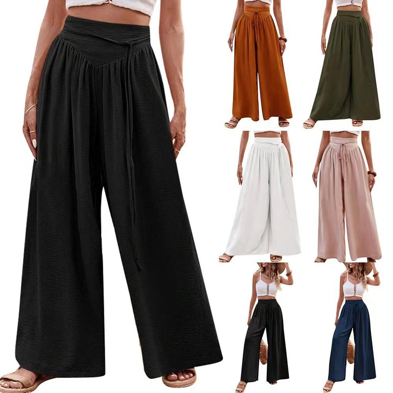 Women’s Linen Pants 2024 Summer High Waist Flowy Loose Wide Leg Pants Casual Boho Comfort Elastic Dr
