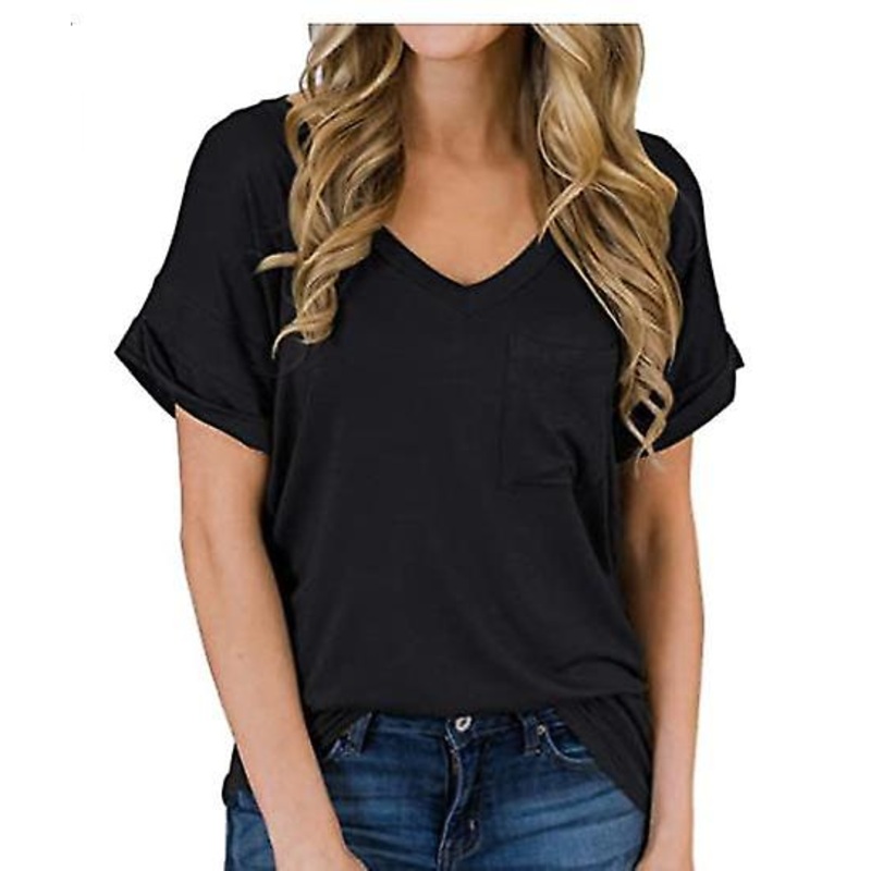 2022 Women’s Short Sleeve V-neck Shirts With Pocket Loose Casual Tee T-shirt