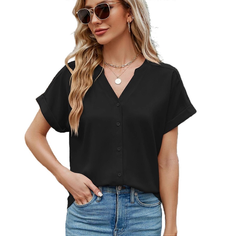Women Shirts Button Down Tops Short Sleeve V Neck Cool Silk Chiffon Casual Blouses Black
