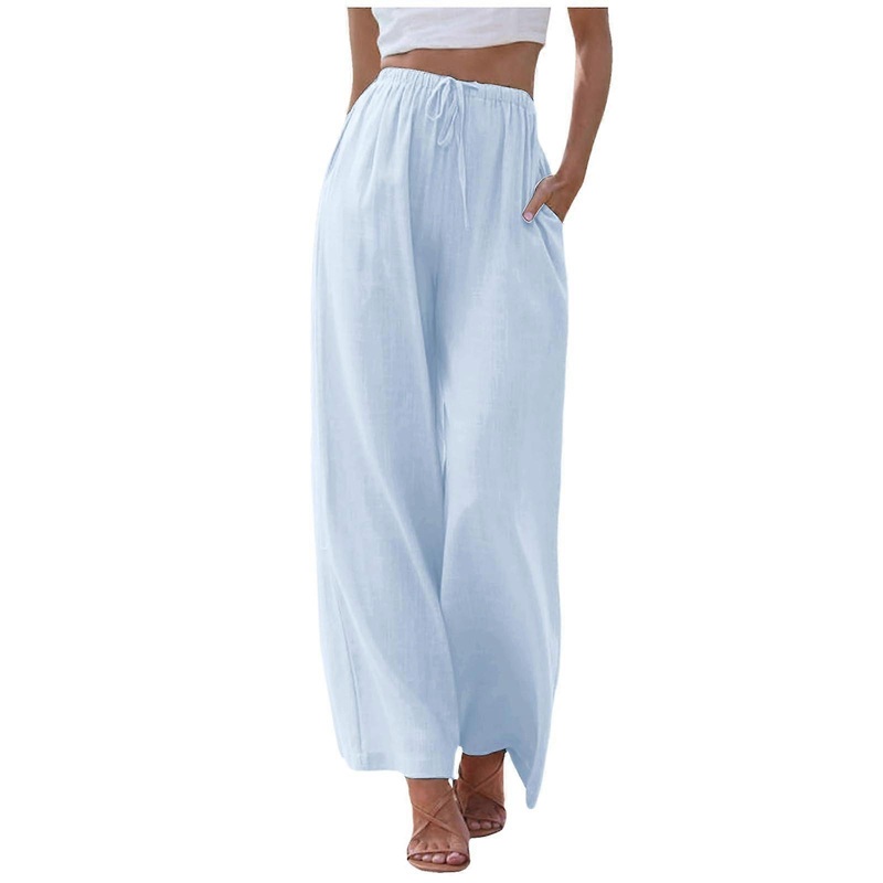 Hose Damen Baumwolle Leinen Sommerhose 7/8 Leichte Lange Boho Palazzo Freizeithose O Hellblau 3XL