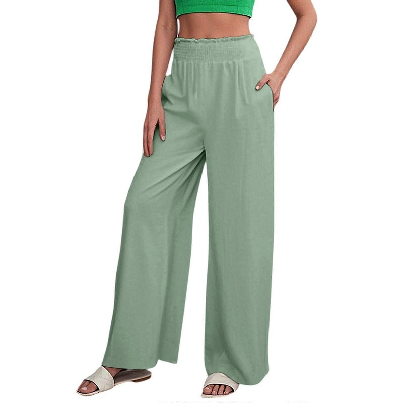 Women’s Linen Trousers Green 02 M Elasticated Lightweight Loose Fit Flared Wide Leg Summer Jogging Yoga Pants