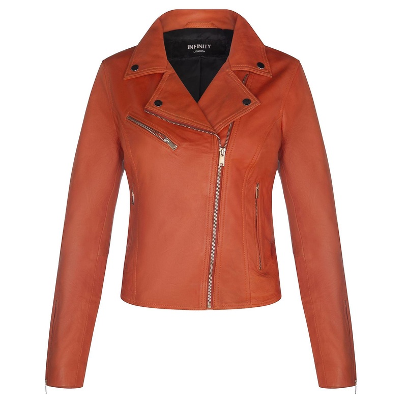 Womens Orange Leather Classic Biker Brando Jacket-Baku