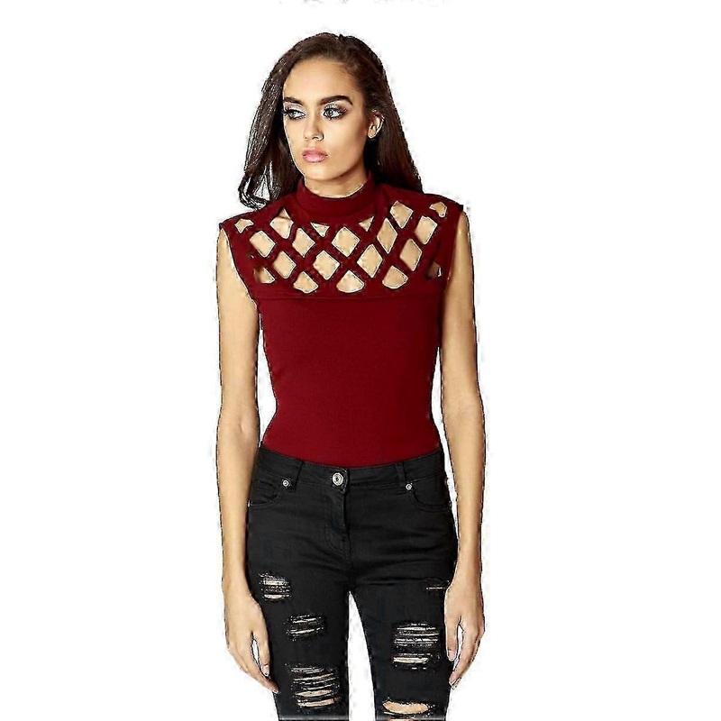 Wine High Neck Laser Cut Cage Sleeveless Bodysuit