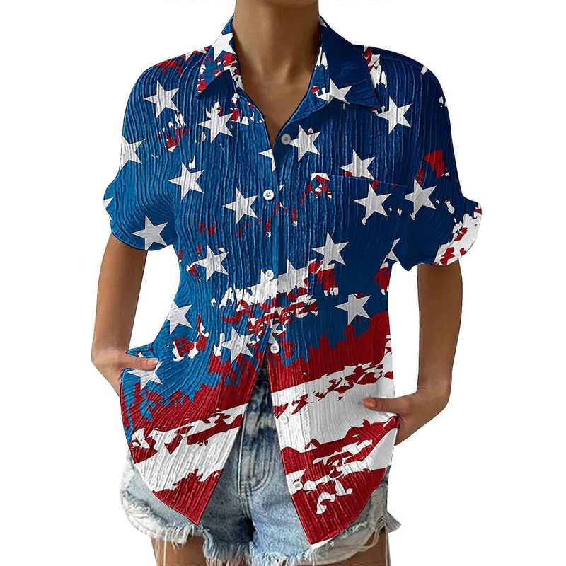 Women Cotton And Linen Shirt Printed Fashion Button Down Shirts Casual Tops Short Sleeve Blouse