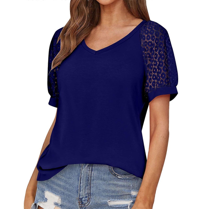 Women’s T-Shirts Summer Short Sleeve V Neck Tee Loose Casual Lace Knit Tops Navy Blue