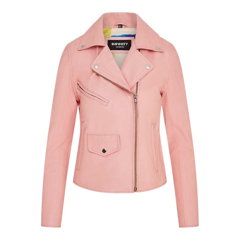 Womens Baby Pink Leather Biker Jacket Classic Brando Moto Real Leather Ladies Jacket