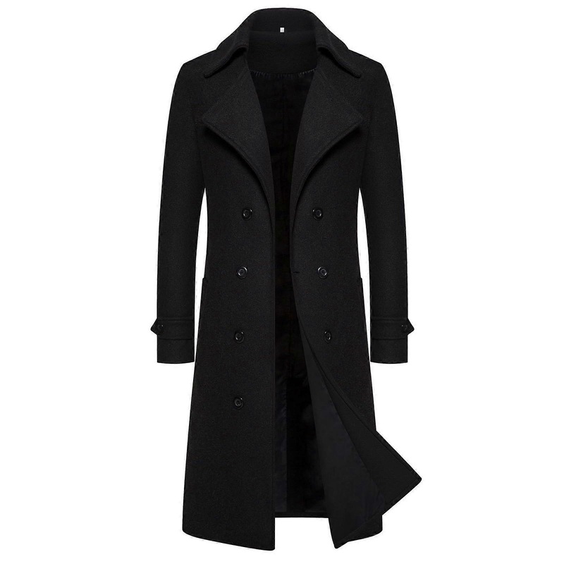 Wintrmantel Men’s Trench Coat Slim Fit Wool Long Jacket Notch Collar Schwarz XXL