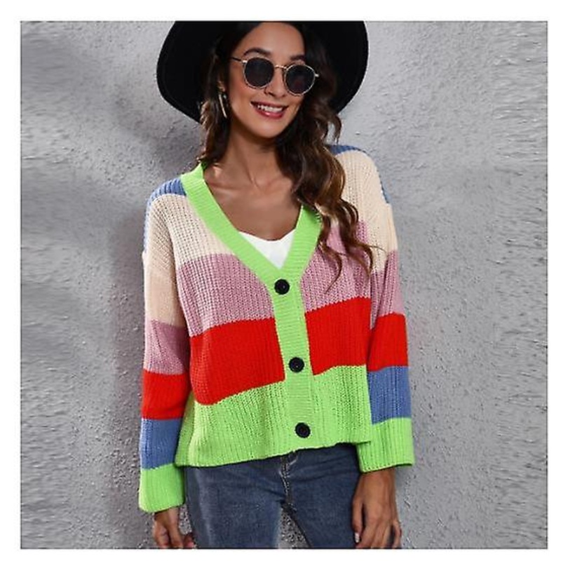 Women’s Cardigan Fashion Contrasting Color Stripe Stitching Loose Knitted Jacket 2022 Autumn And Winter Short Sweater Women