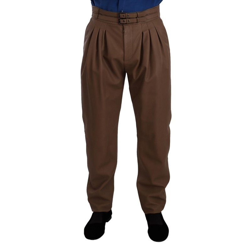 Brown Leather Tapered High Waist Pants