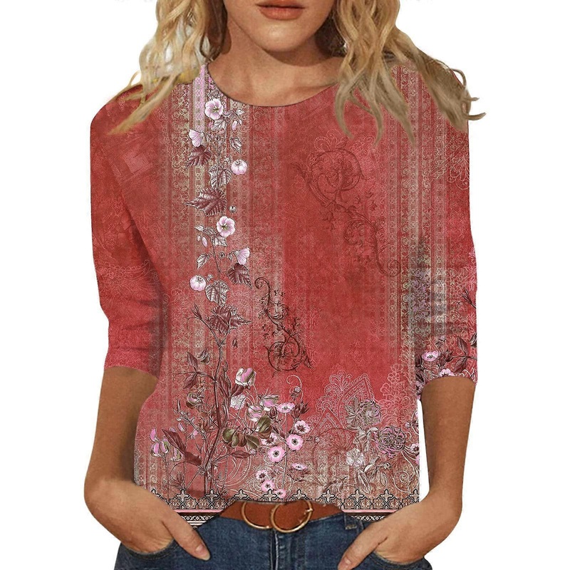 Women’s Compression Long Sleeve Crew Neck ThreeQuarter Sleeve Comfortable Floral Print Plus Size Casual Tops for Women Hot Pink L