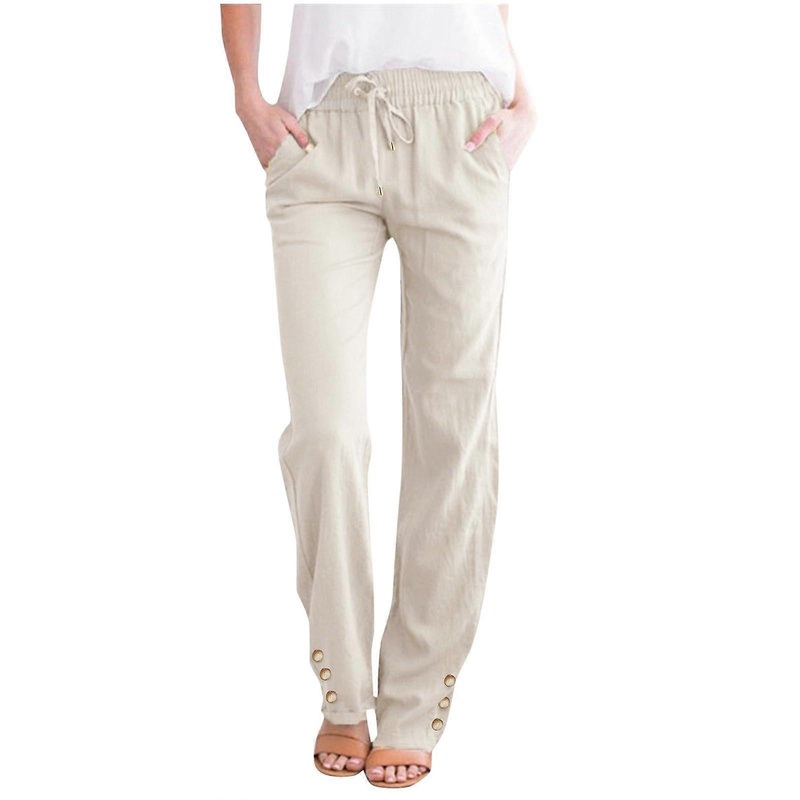 Summer Pants Women Light Linen Wide Leg Jogging Solid Color  Waist Beige