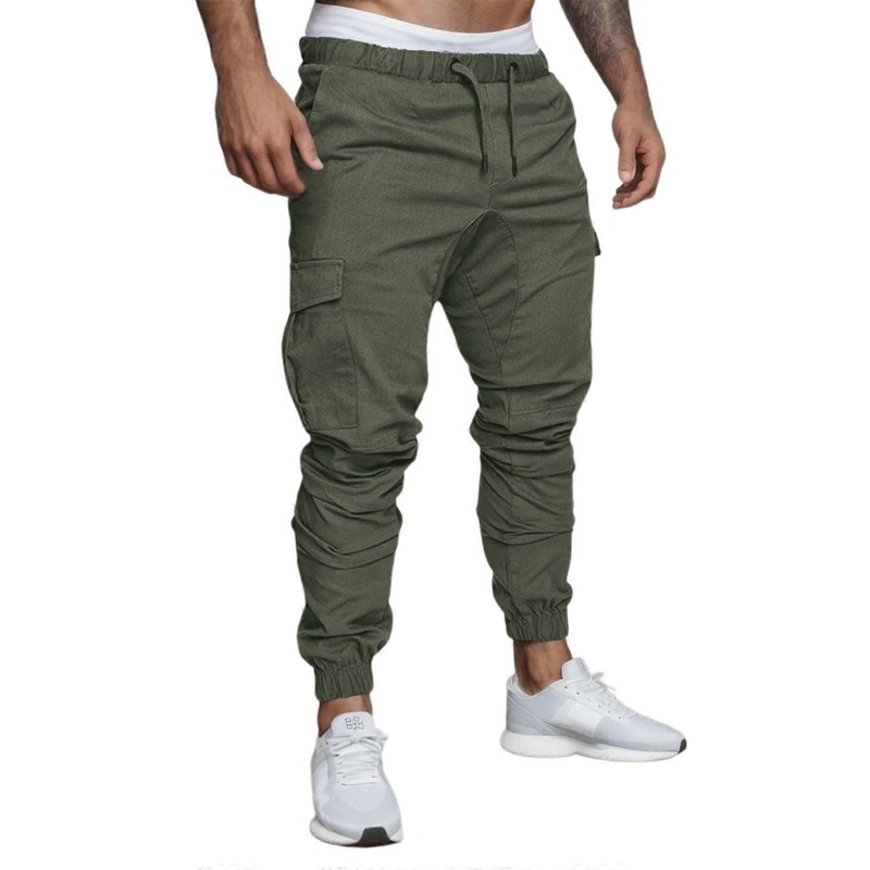 Cargo Trousers for Men – Casual Slim Fit Elastic Leisure Pants with Drawstring, Lightweight Stretch Fabric, Green, Size M