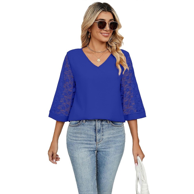 Womens Shirts Summer Lace Cutout Short Sleeve Tops Casual V Neck Blouses Solid Color Blue