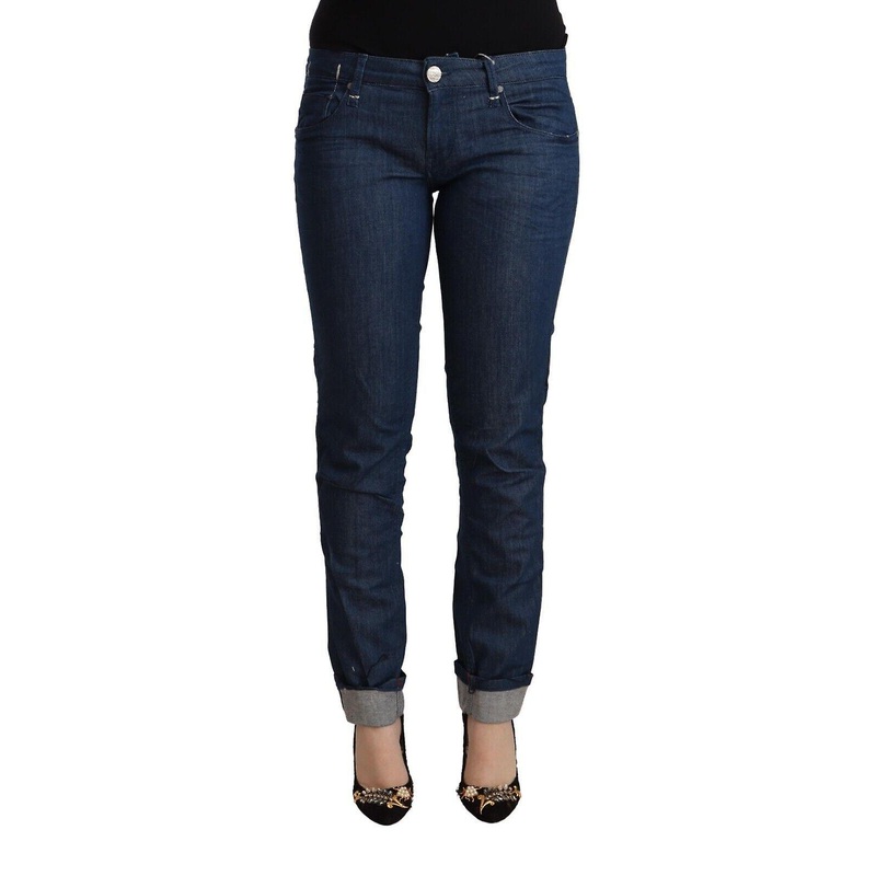 Blue Cotton Low Waist Skinny Denim Folded Hem Jeans