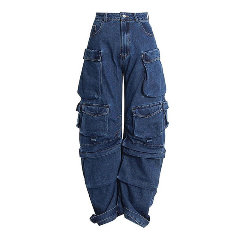 Y2K Baggy Jeans Women Solid Color Multi Pocket Denim Wide Leg High Waisted Casual Straight Size L
