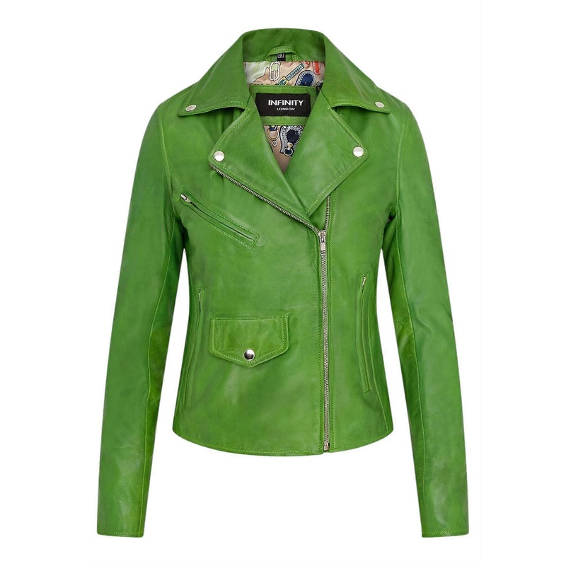 Womens Apple Green Leather Biker Jacket Classic Brando Moto Real Leather Ladies Jacket