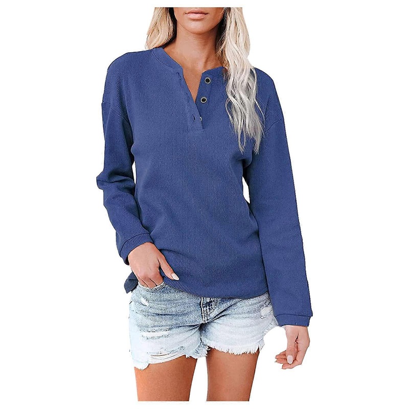 Womens Long Sleeve Tops Ladies Loose Sweatshirts with Buttons Plain Hooded Pullover Fashion Solid Color Hooded Pullover B2 Blue XXL