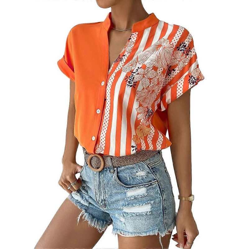 Women Blouse Floral Striped Print Button Up Shirt Loose Short Sleeve Tops Orange Red