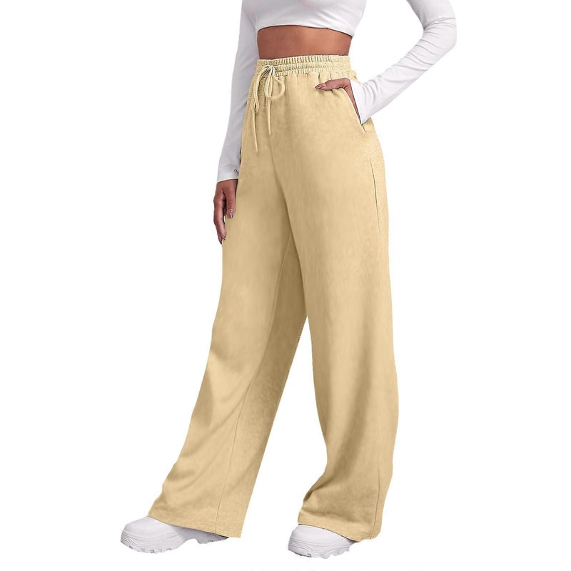 Women’s Jogging Pants With Fleece Lining, Wide Straight Leg, High-Waisted With Pockets, Khaki, Sizes S-3XL
