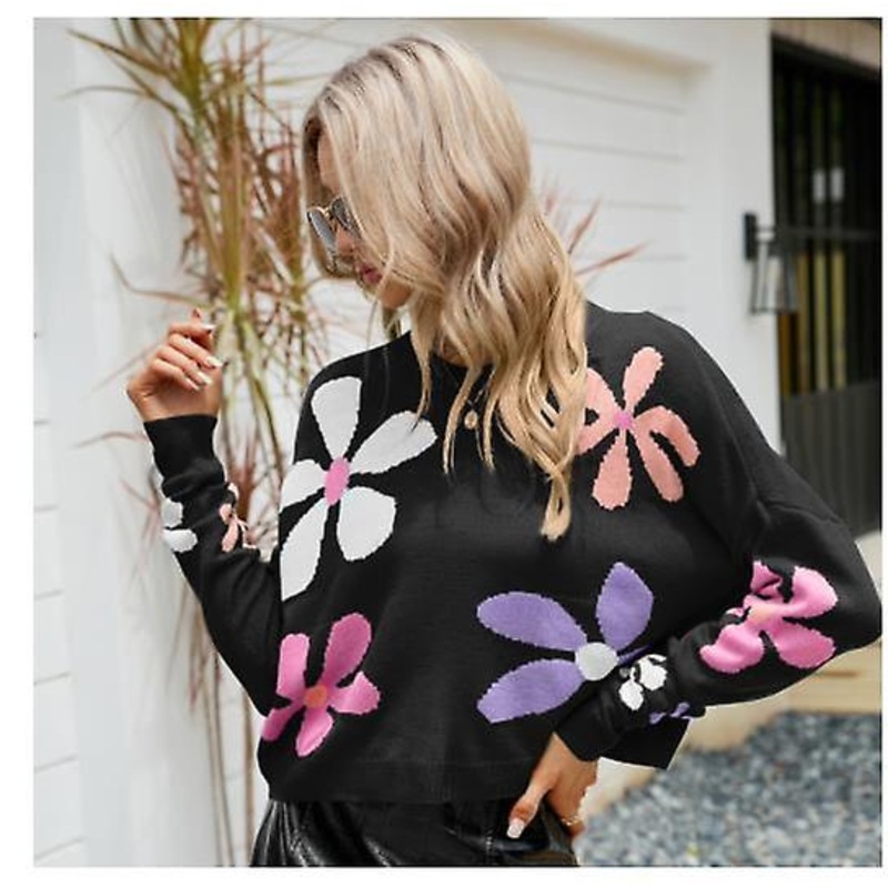 2023 Loose Top Women’s New Arrival Flower Jacquard Contrast Color Knitwear Autumn And Winter Round Neck Pullover Long Sleeve Women