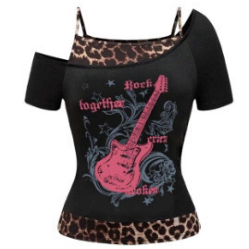 Women’s Emo Grunge TShirts Vintage Off Shoulder  Y2K Fake 2 Pieces