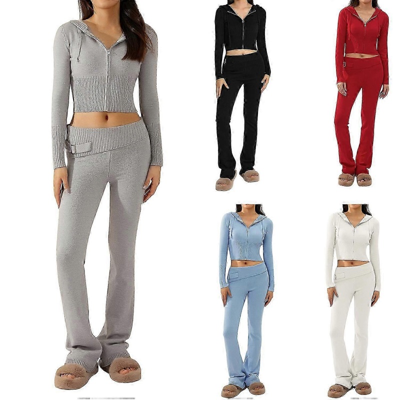 Women Y2k Knit 2 Piece Outfits Long Sleeve Zip Up Hooded Crop Sweater And Pants Tracksuit Lounge Set