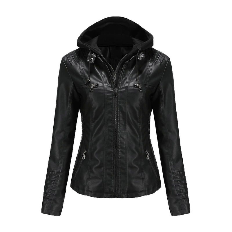Women’s Leather Jacket with Removable Hooded Full Zip Long Sleeve Moto Biker Coat Plus Size Motorcycle Jackets