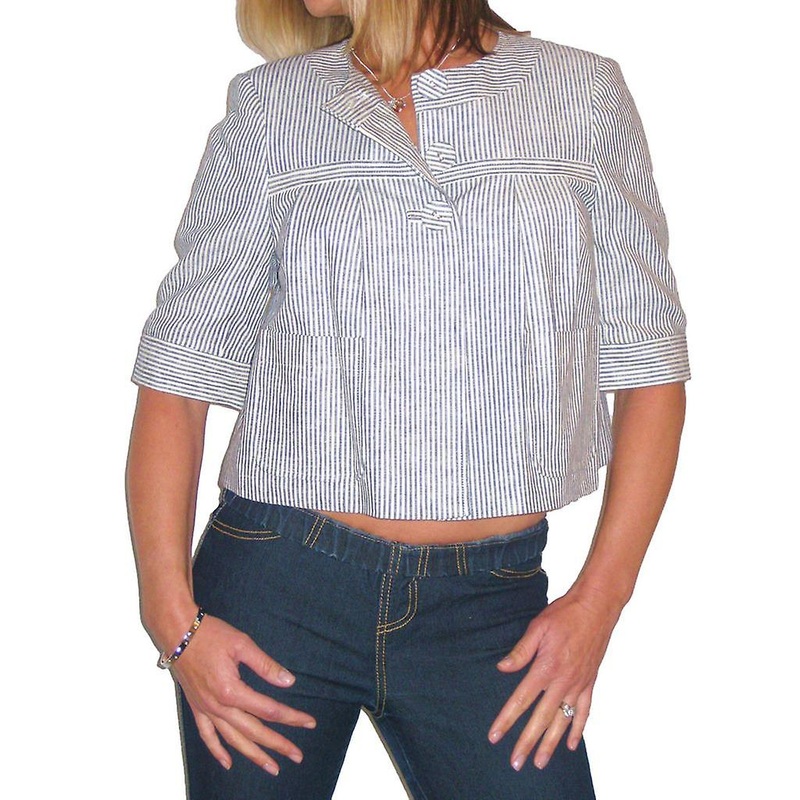 Women’s Summer Crop Top Jacket Ladies Casual Open Front Lightweight 3 Button Stripe Short Sleeve Jacket Blue White Size 10
