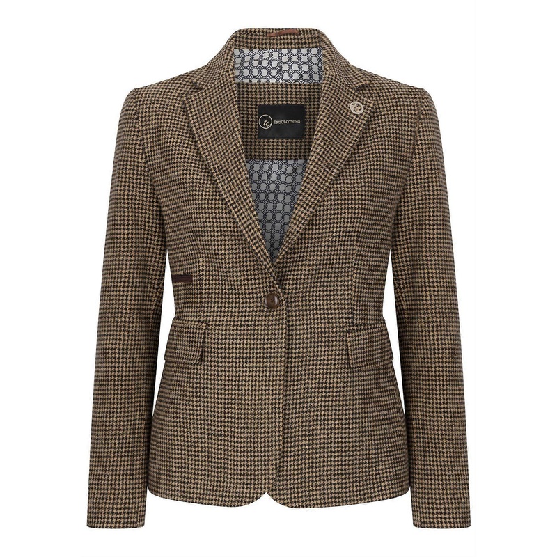 Women’s Tailored Brown Dogtooth Wool Blend Tweed Blazer