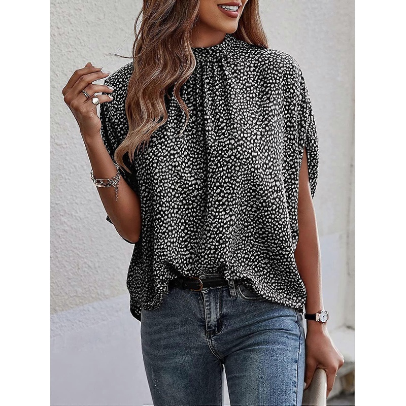 Women’s Blouse Casual Print Batwing Sleeve Tops Elegant Chiffon Loose T-Shirt Panther Point
