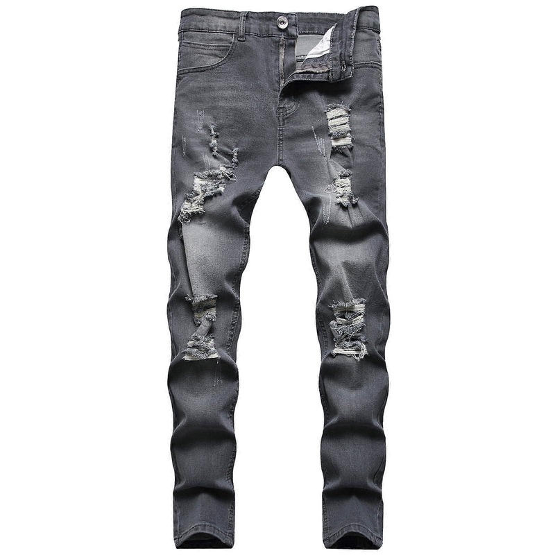 Jeans Men Skinny Stretch Denim Gray Size S Y2K Streetwear Distressed Ripped Slim Fit Casual Trousers