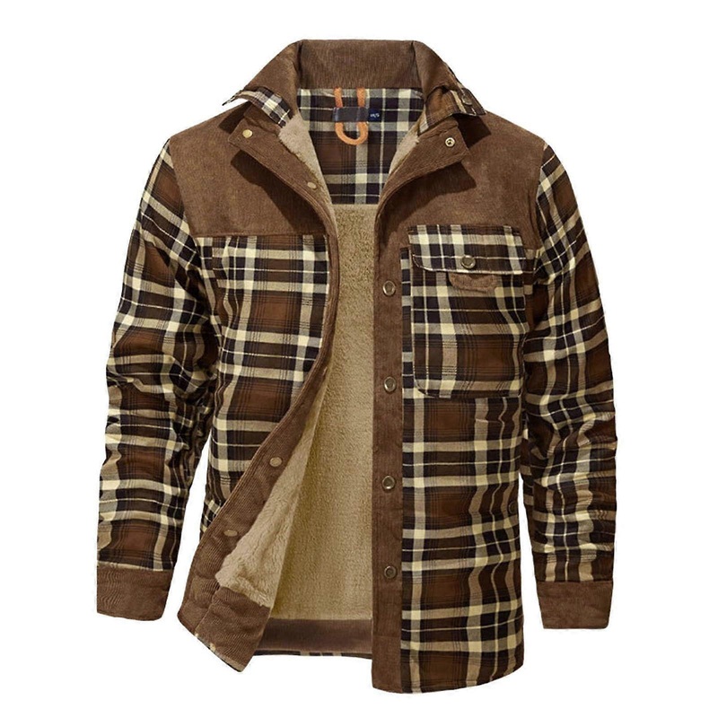 Winter Jacket Men’s Fleece Lined Thermal Checked Shirt Jacket with Pockets Cotton Lumberjack Coat Brown XL
