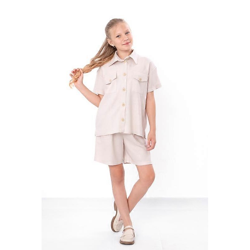 Teen Girls Linen Viscose Set  Short Sleeve Shirt with Buttons & Comfy Elastic Waist Shorts, Summer,  HC 6482-070