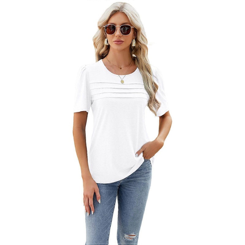 Women’s Round Neck Blouse, Short Sleeve Tunic Tops, Summer Casual T-Shirt, Pleated Flowy Loose Fit, Comfy Blouses