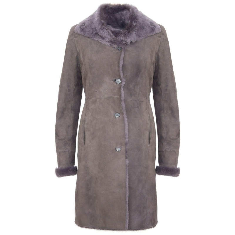 Women’s 3/4 Buttoned Grey Merino Shearling Suede Sheepskin Coat