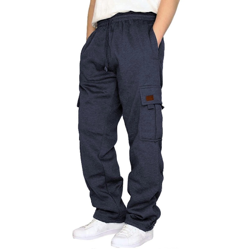 Hose Men’s Cotton Elastic Waist Jogging Pants, Wide Leg Cargo Style, Breathable Work Sweatpants Pockets, Winter Warm
