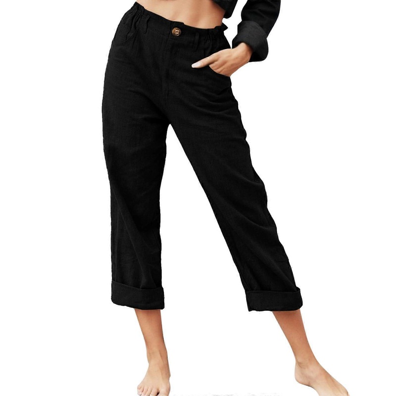 Women’s Linen Pants Summer Lightweight Cropped Capri Waisted Black XXL
