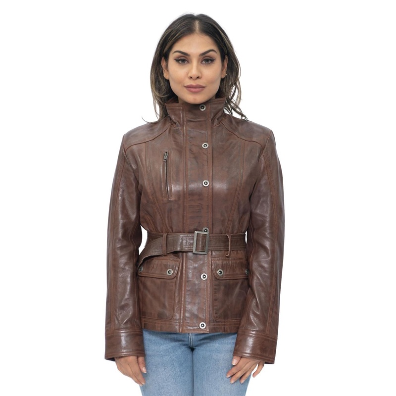 Womens Brown Military Style Leather Biker Jacket