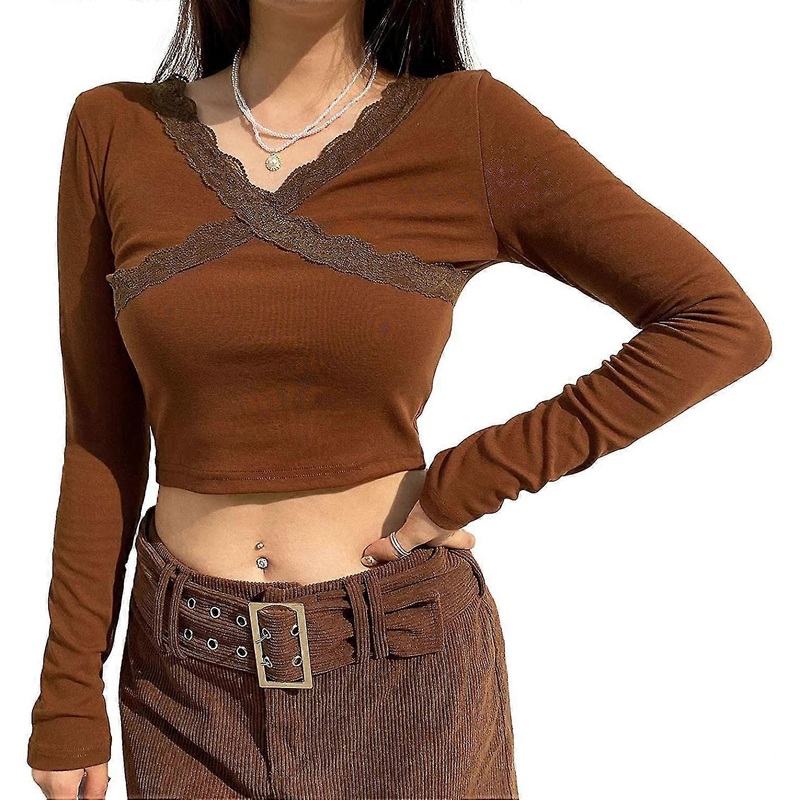 Womens Long Sleeve Lace Shirts Color Block Patchwork Crop Tops Crewneck Female 2021 Fashion Streetwear Tees