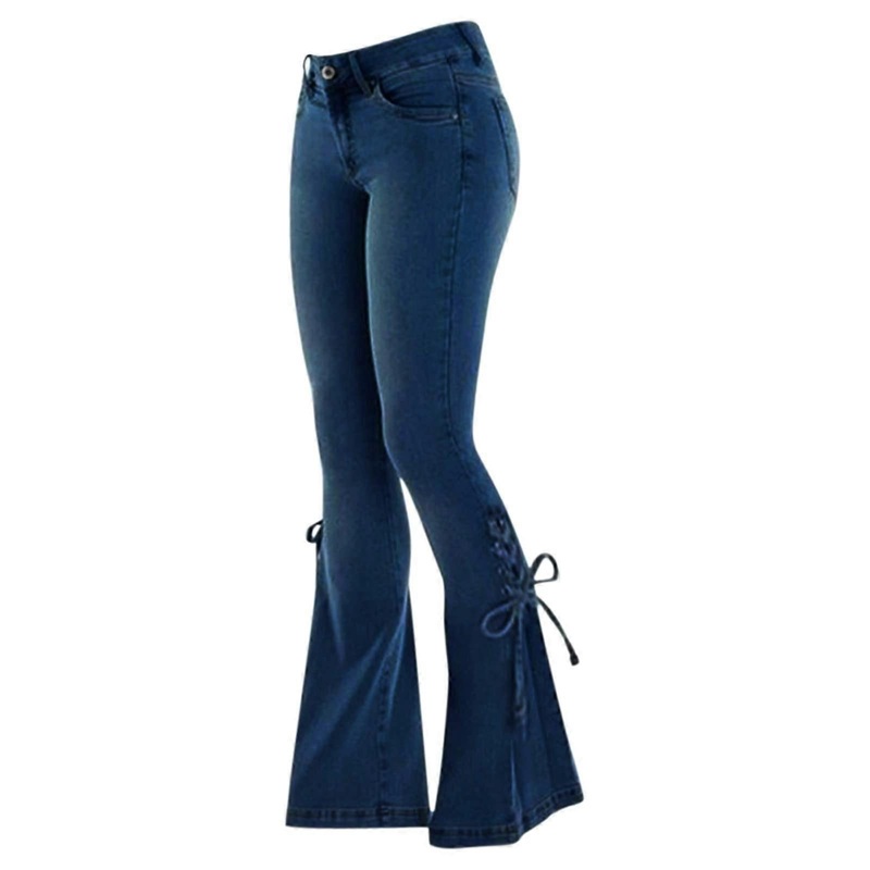 Schlaghosen Damen Jeans Hosen, 70er Hohe Taille Flared Pants, Stretch Skinny Destroyed Denim, Blau Bootcut Leggings