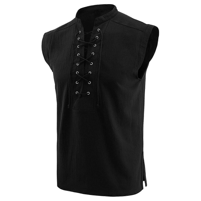 Medieval Shirt Men’s Linen Sleeveless Vest Tank Top Gothic Pirate Costume 3XL Black Vintage Lacing Vests